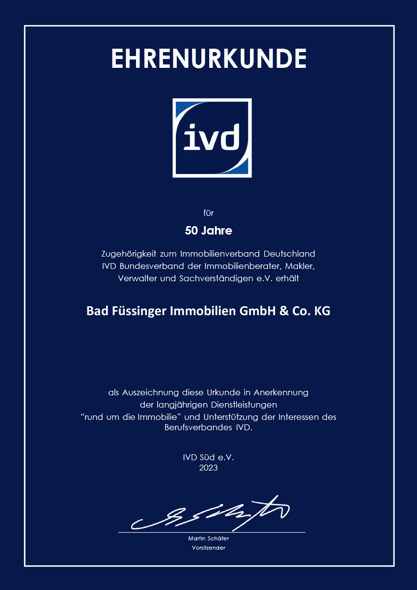 Ehrenurkunde Bad Füssinger Immobilien GmbH Co. KG